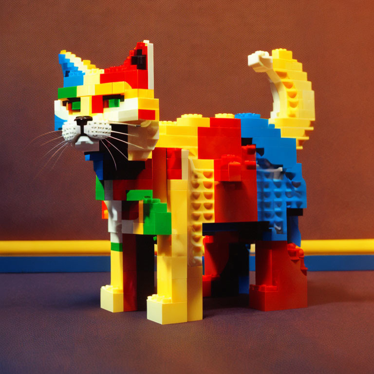 Multicolored Lego Cat Sculpture on Two-Tone Background