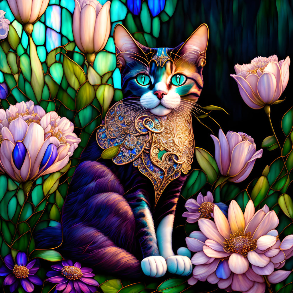 Colorful Stylized Cat Among Flowers on Stained Glass Background