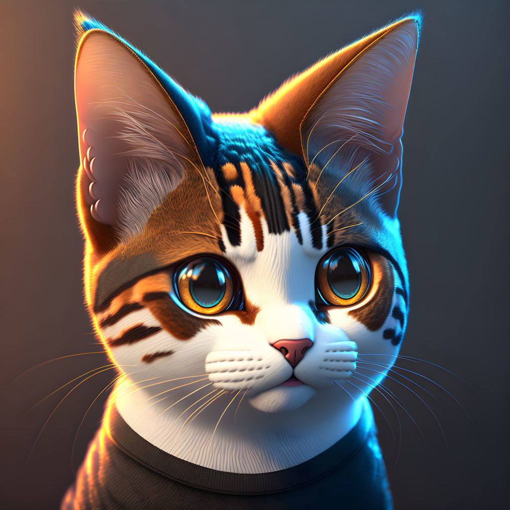 Detailed 3D Illustration of Cat with Amber Eyes and White Fur