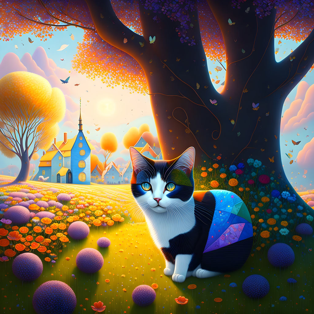 Vibrant illustration of black and white cat with blue eyes in fantasy landscape