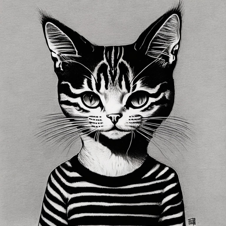 Monochrome illustration: human body in striped shirt with tabby cat head