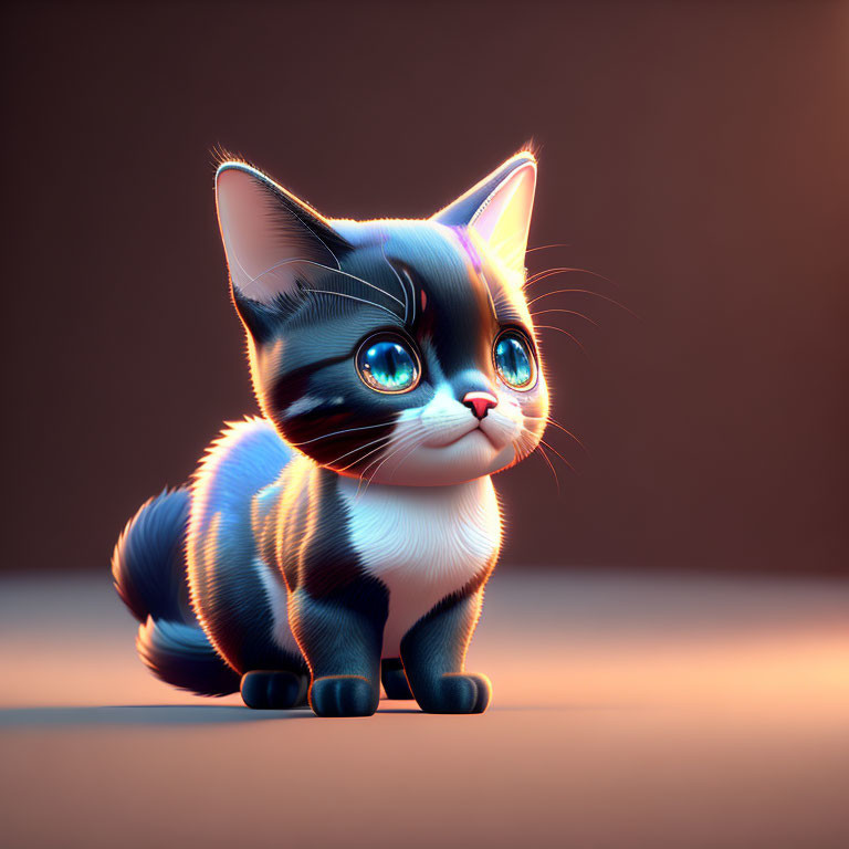 Digital 3D illustration of wide-eyed black and white kitten with glowing edges on warm background