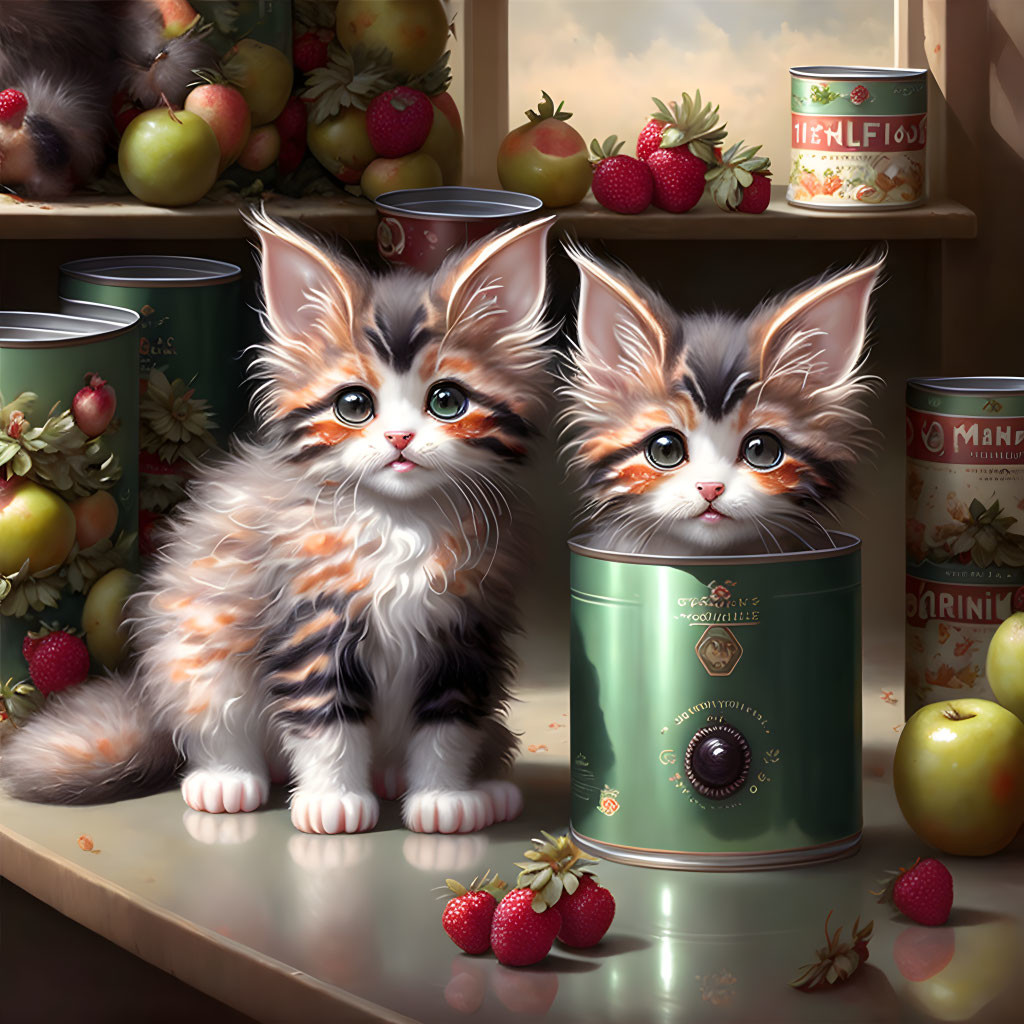 Fluffy Kittens Surrounded by Vintage Canned Food and Fruits