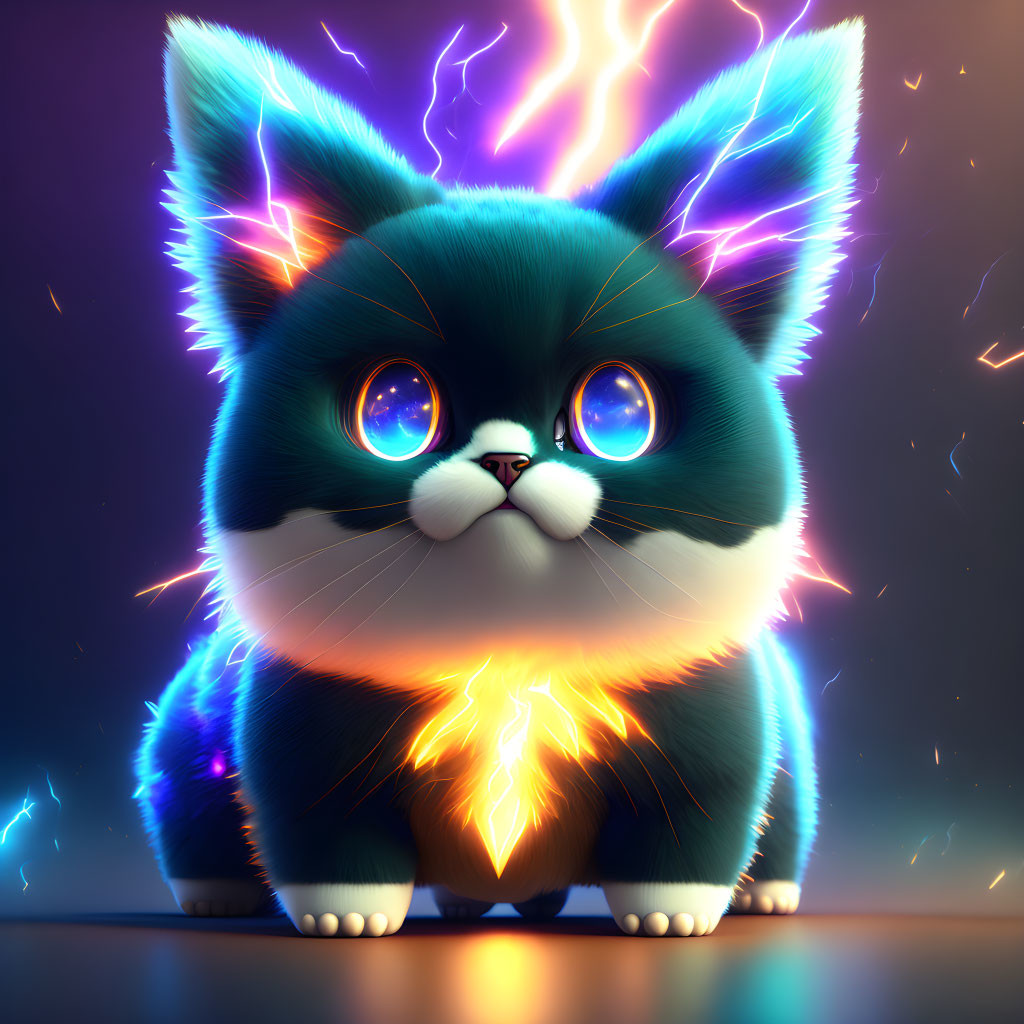 Plump fluffy cat with blue eyes in neon lightning ambiance