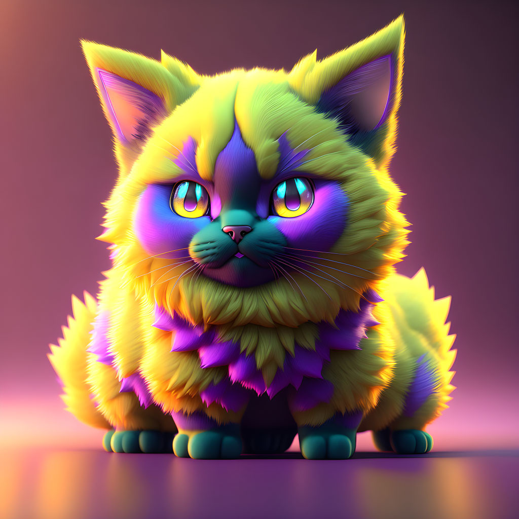 Vibrant 3D illustration of a colorful fluffy cat with green eyes