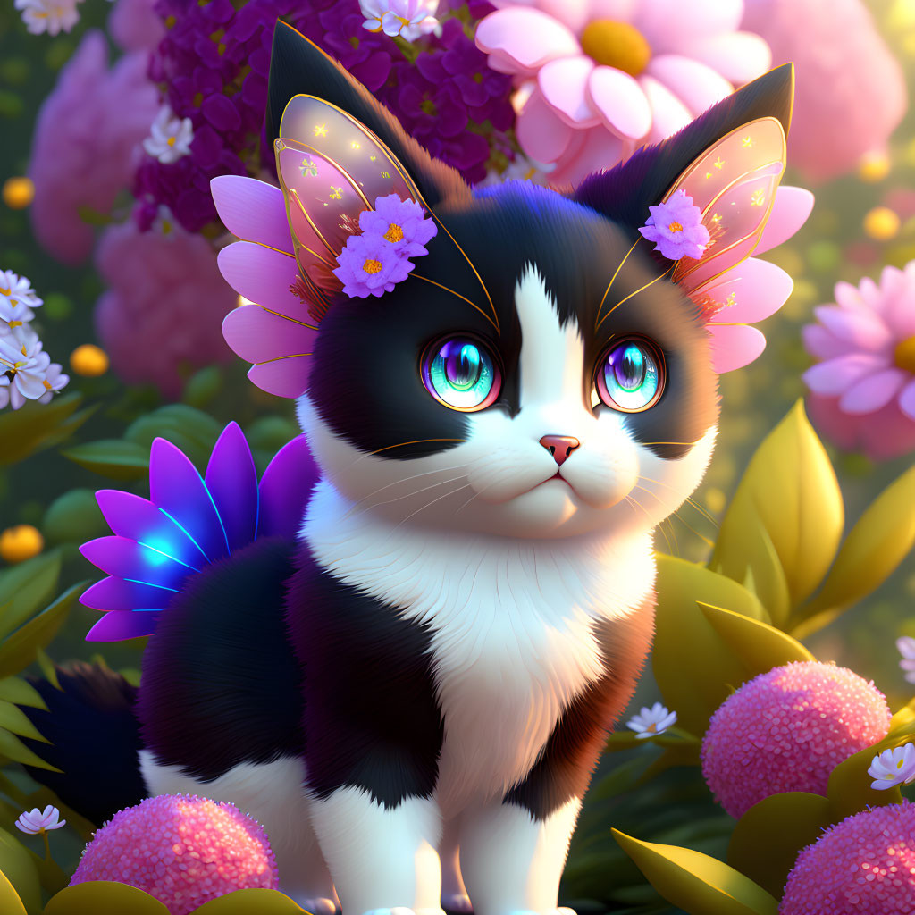 Whimsical cat illustration with bright blue eyes and floral adornments