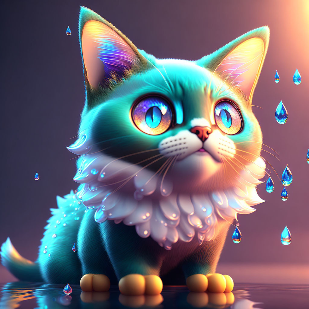 Colorful digital artwork: stylized cat with glowing blue eyes and intricate fur, surrounded by floating te