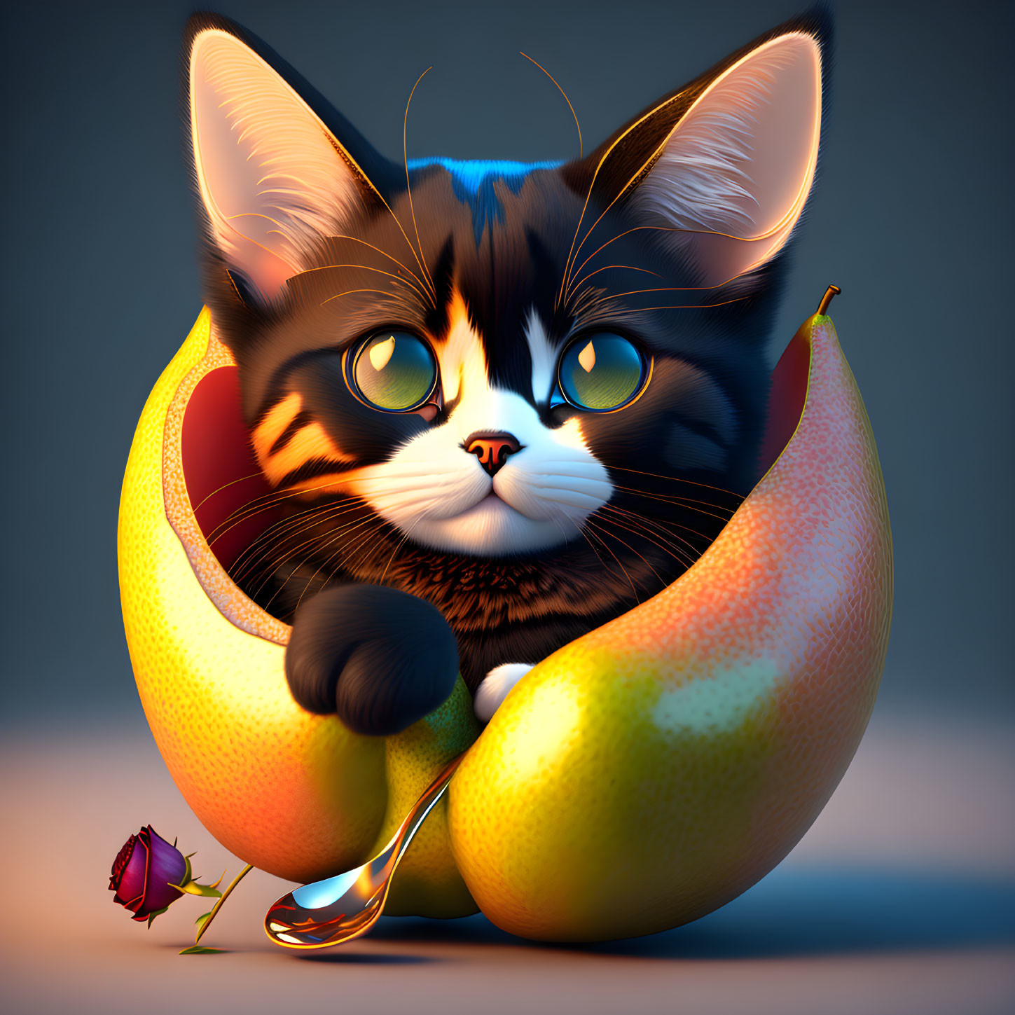 3D illustration of oversized black and white cat with bananas, rose, and spoon