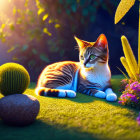 Tabby Cat with White Paws Surrounded by Colorful Plants on Green Surface