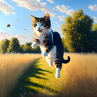 Tabby cat chasing butterfly in sunny meadow