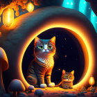 Two Cats in Glowing Cave with Mushrooms and Starry Night Sky