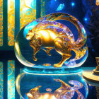 Golden lion sculpture in transparent sphere on vibrant blue and gold abstract backdrop