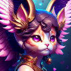 Fantasy cat illustration with purple eyes, golden armor, horns, and wings on blue background