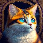 Detailed cat illustration with blue eyes on ornate purple background