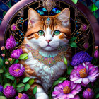 Colorful cat illustration with green eyes and jewels in floral setting