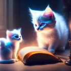 Glowing blue-eyed kittens with illuminated fur next to an open book and candlestick