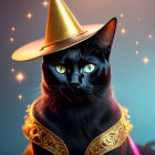 Black Cat with Blue Eyes in Golden Wizard Hat and Starry Collar