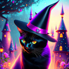 Digital artwork of mystical black cat with glowing yellow eyes in witch's hat against enchanted castle backdrop and blo