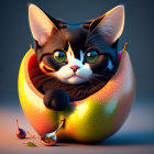 3D illustration of oversized black and white cat with bananas, rose, and spoon