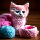 Pink Fluffy Kitten with Blue Eyes and Yarn Balls in Basket