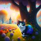 Vibrant illustration of black and white cat with blue eyes in fantasy landscape