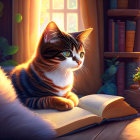 Cat relaxing by open book in cozy sunlit room