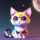 Colorful wide-eyed cat with gold accessories under starry night sky