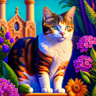 Colorful Striped Cat with Blue Eyes Among Flowers and Castle