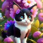 Whimsical cat illustration with bright blue eyes and floral adornments