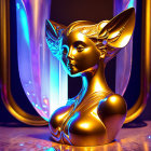 Golden metallic elfin figure with crystal embellishments on blue backdrop with golden swirls