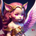 Winged fairy character with purple eyes, pink hair, golden armor, and feathered wings