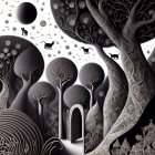 Monochrome fantasy illustration with whimsical trees, cats, door, and celestial bodies