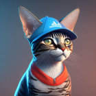 Digital illustration of cat in blue cap and red scarf with human-like posture