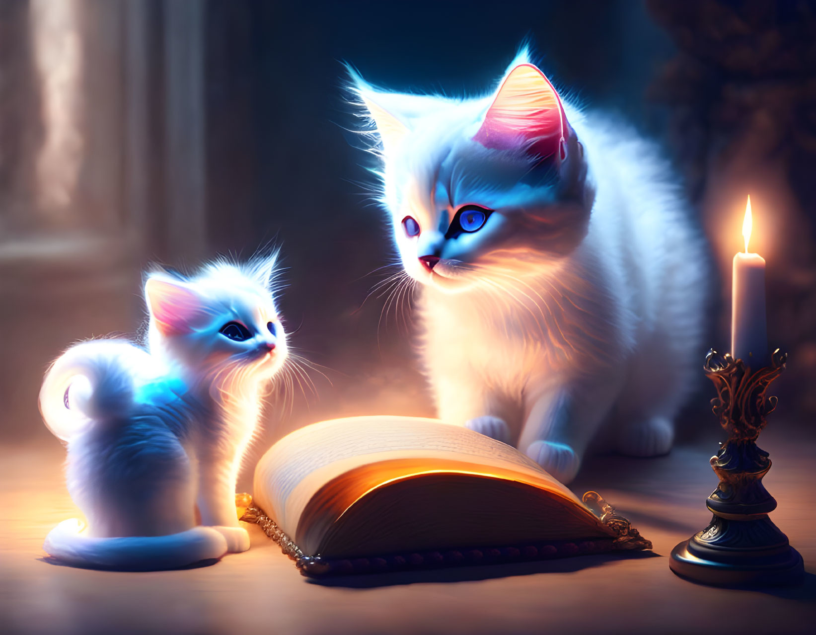 Glowing blue-eyed kittens with illuminated fur next to an open book and candlestick