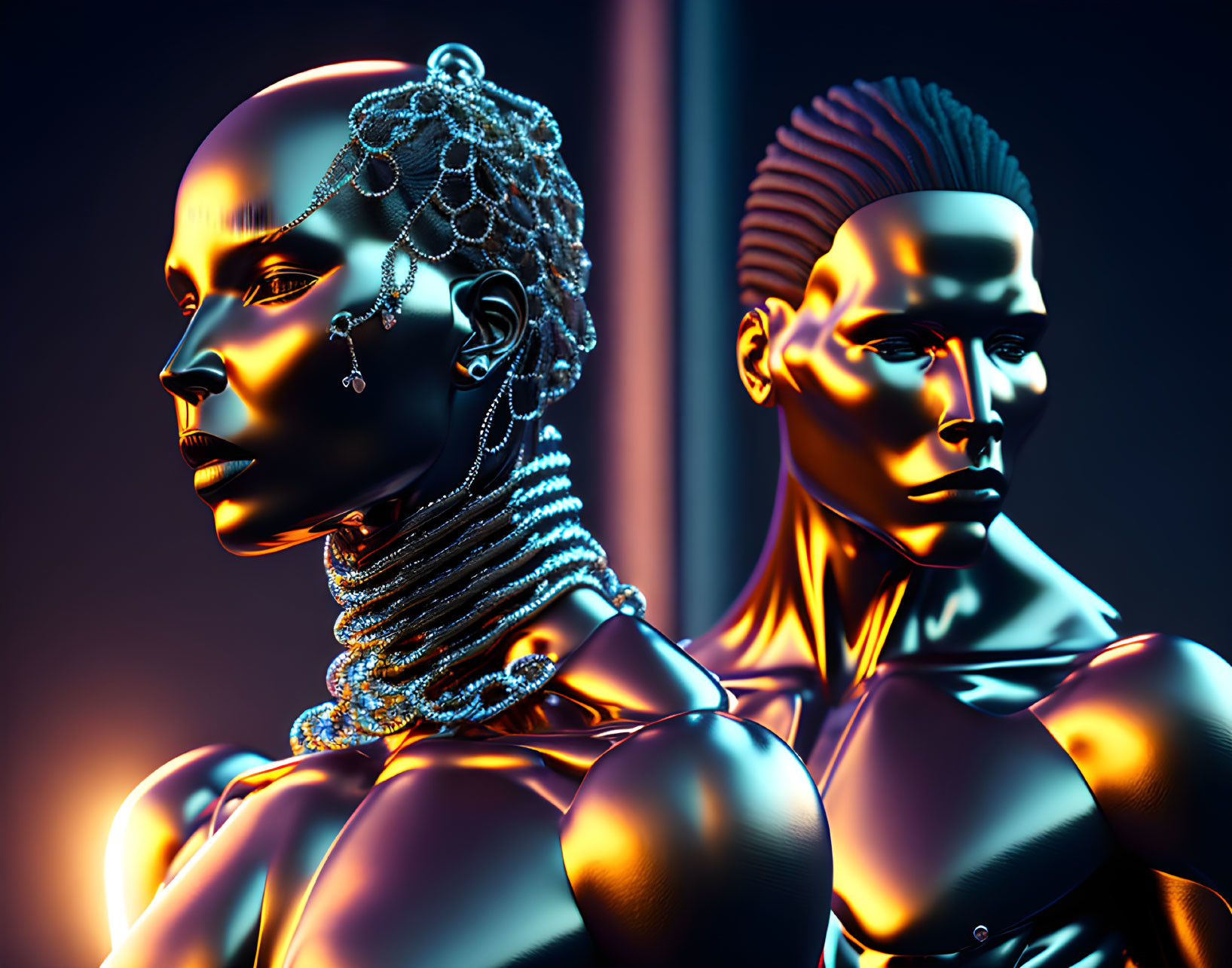 Metallic humanoid figures with neon-lit head jewelry on dark background.