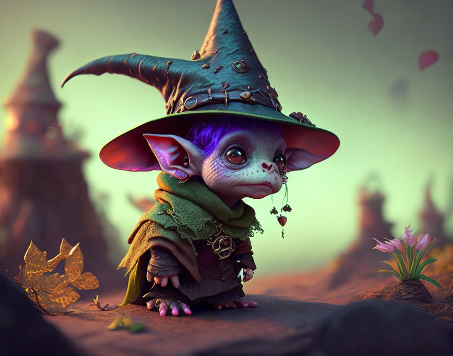 Whimsical creature with large ears and eyes in pointed hat in fantastical landscape