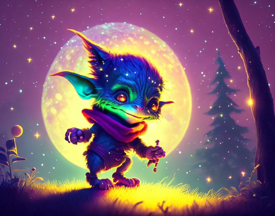 Whimsical green imp under moonlit fantasy landscape