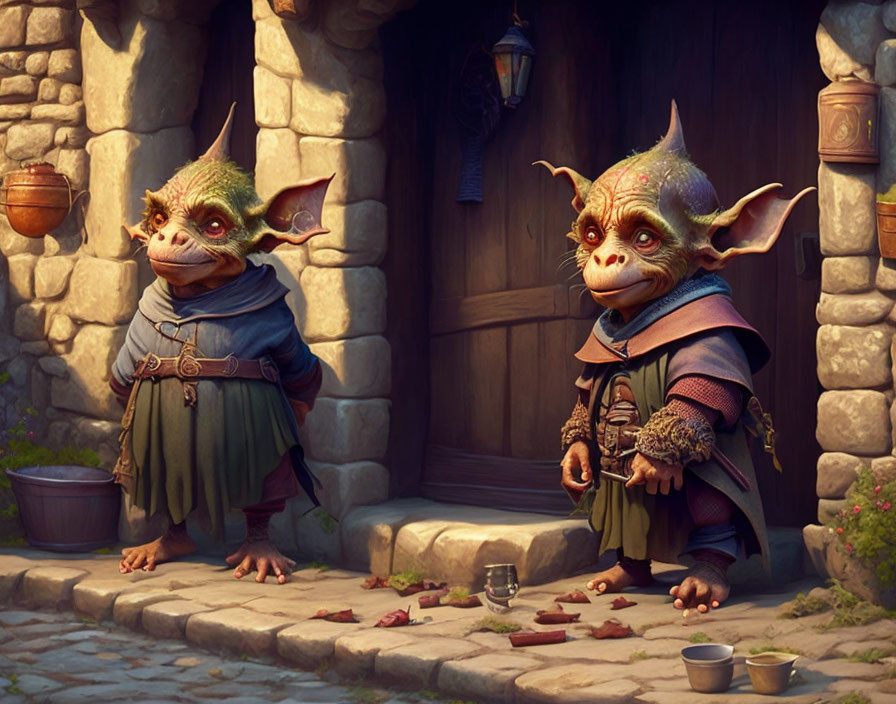 Whimsical goblin characters in rustic village setting