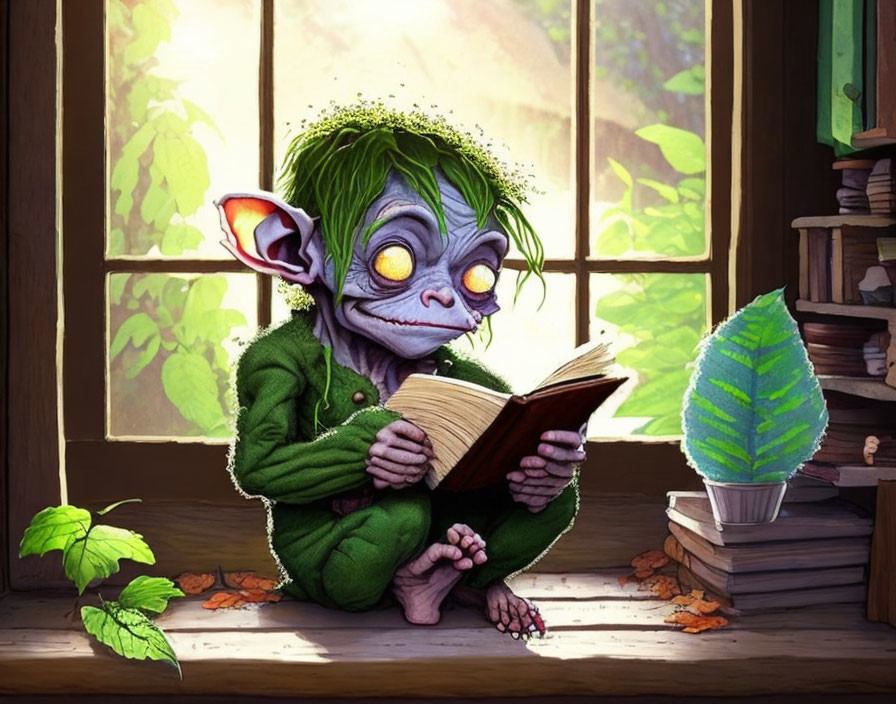 Green-skinned creature in robe reading by sunny window