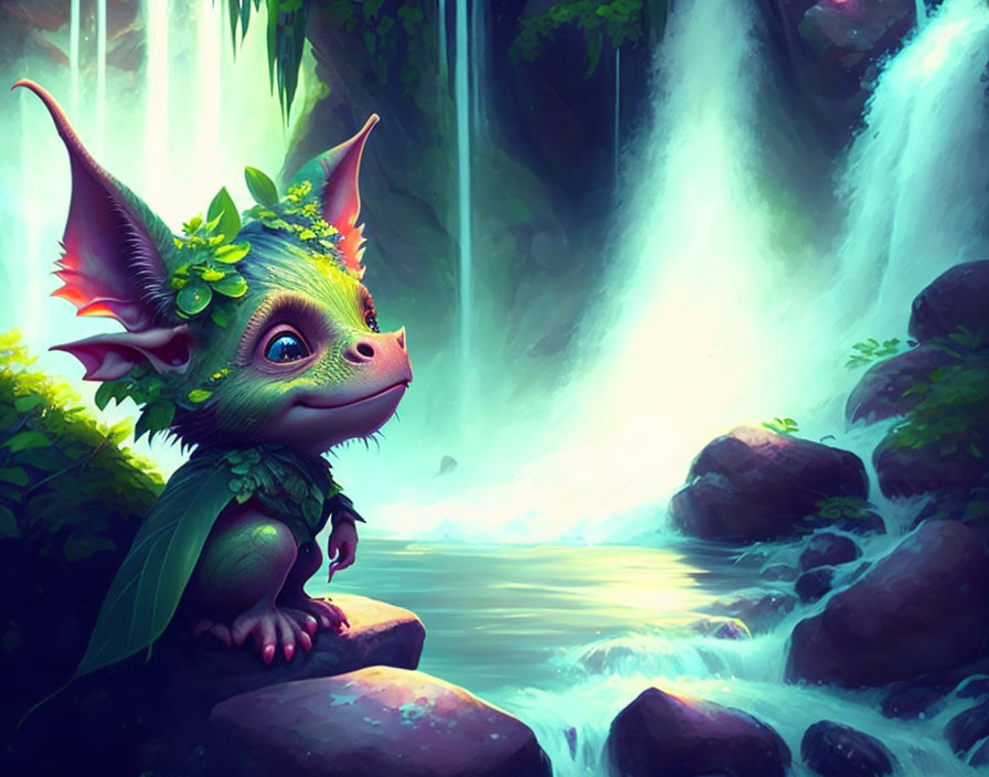 Green dragon with large ears by serene waterfall