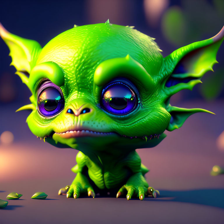 Cartoonish green creature with bat-like ears in dim light