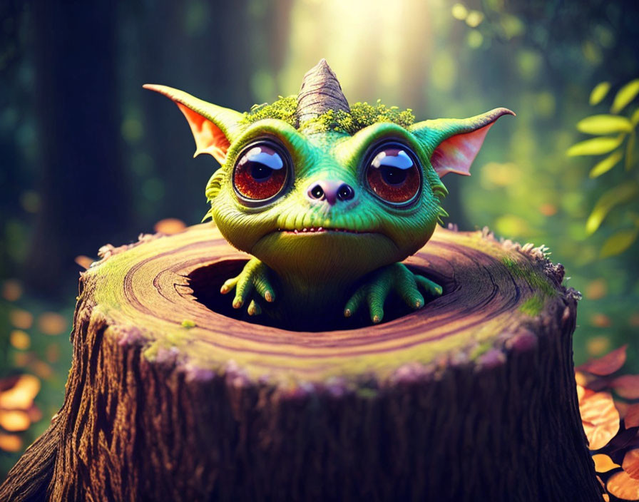 Green cartoon creature with large eyes on tree stump in sunny forest