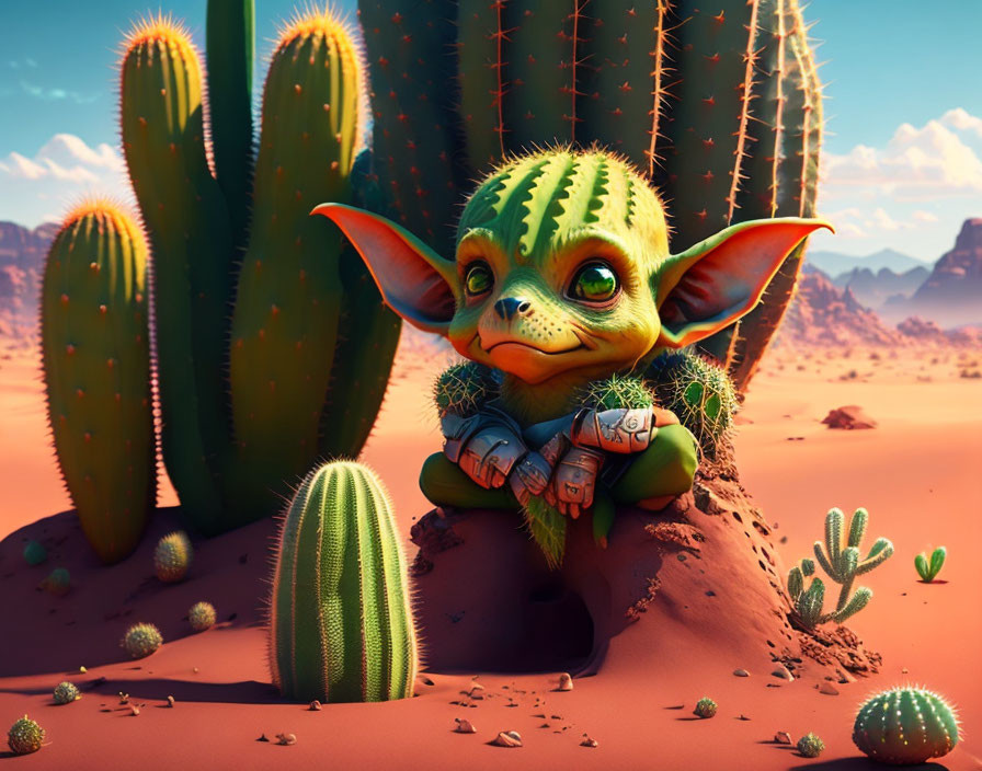 Green creature with large ears smiles in desert with cacti under blue sky