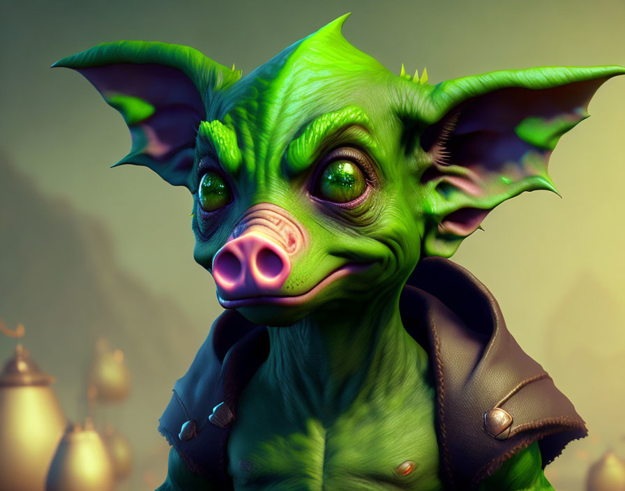 Fantastical green-skinned creature with pointy ears and pig-like snout in leather collar