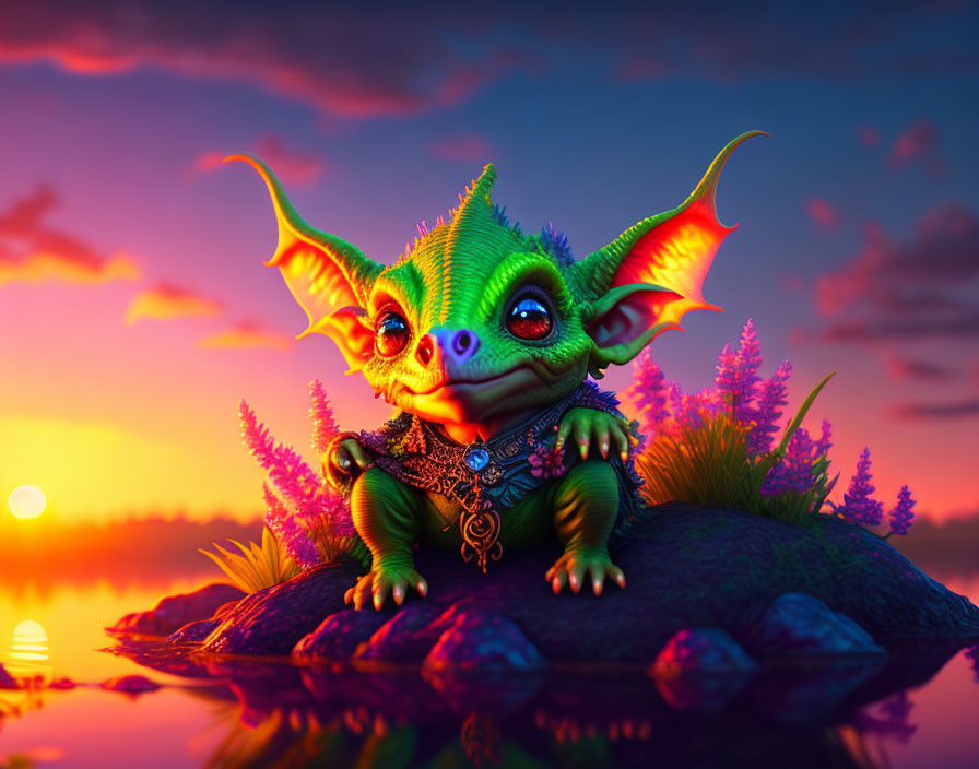 Colorful Cute Dragon on Rock with Sunset and Lake Background