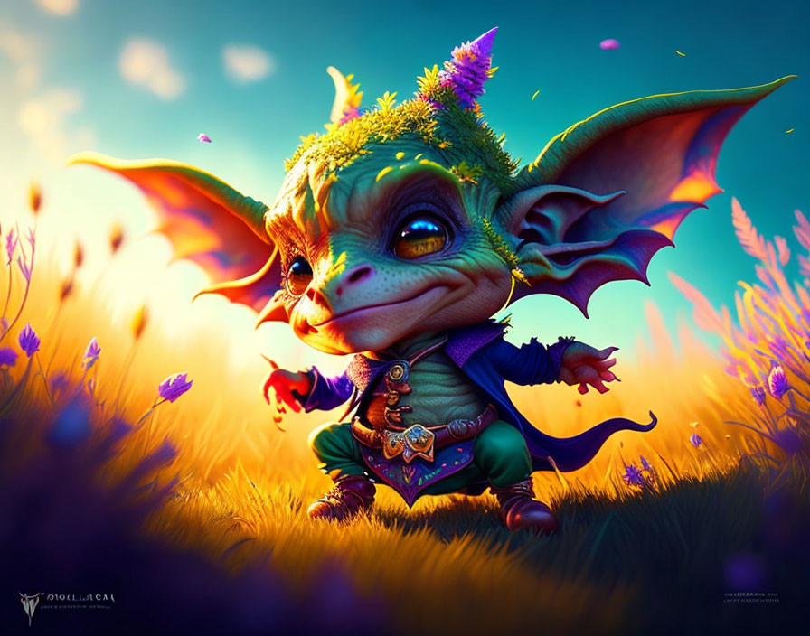 Fantasy creature with green skin and purple wings in a vibrant field