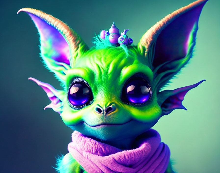 Fantasy creature with green skin, purple eyes, pointy ears, pink scarf, and small creatures