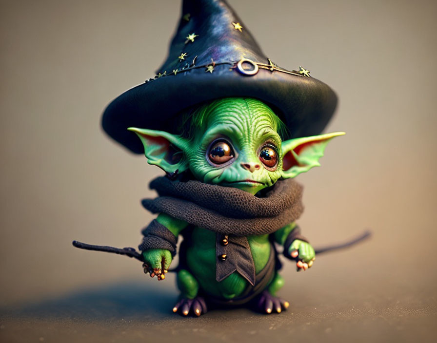 Fantasy creature with big eyes in wizard attire with wand