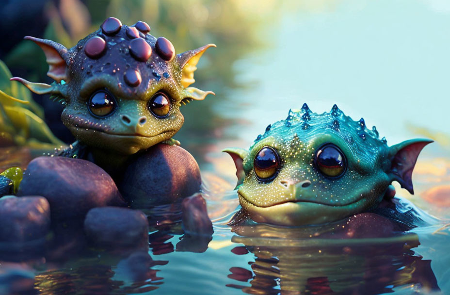 Whimsical Cartoonish Amphibian Creatures in Water Among Rocks