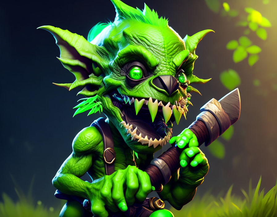 Green goblin with spear in forest setting.